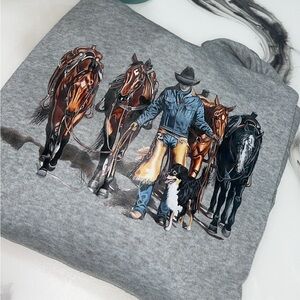 Gray Hoodie with Cowboy and Horses Graphic